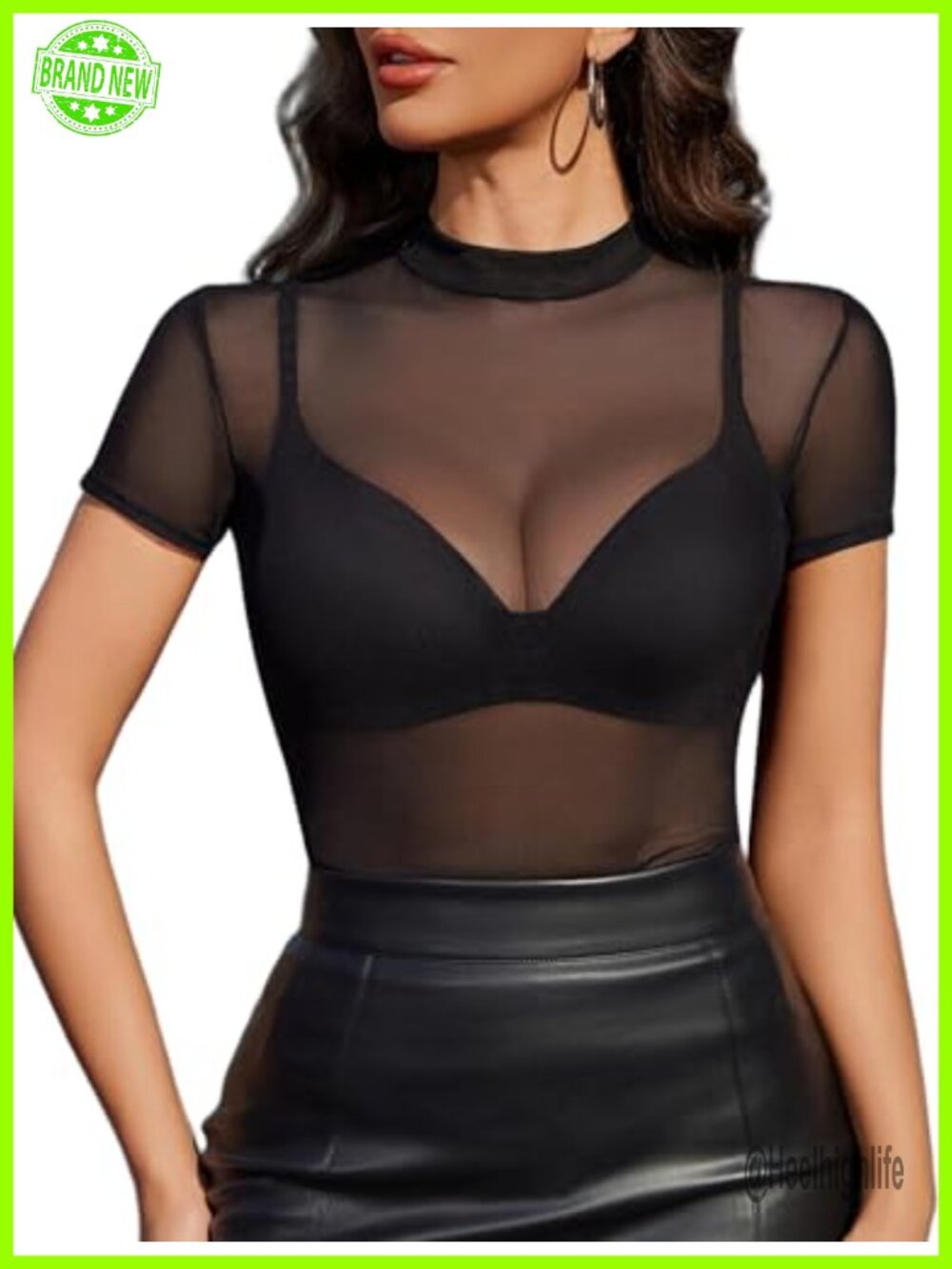 Sheer Mesh Mock Neck Blouse Short Sleeve Bodycon Clubwear Top